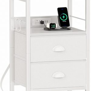 Furologee End Table with Charging Station, Nightstand with Fabric Drawers, Side Tables with USB Ports & Outlets, Night Stand with Storage Shelf & Hooks, for Living Room/Bedroom, White