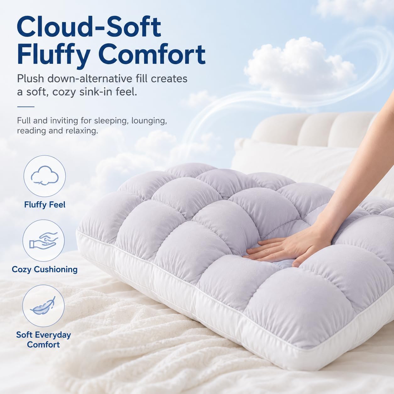 Mellow Puff Pillow for Sleeping - Cloud-Soft Ice-Silk Touch, Fluffy Down Alternative Fill, Breathable Quilted Grid Design, Machine Washable for All Sleepers (Blue)