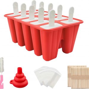 Homemade Popsicle Molds, 10-Cav Non-BPA Silicone Ice Pop Maker, with 100 Sticks, 100 Bags, 10 Reusable Sticks, Funnel, Brush (RED)