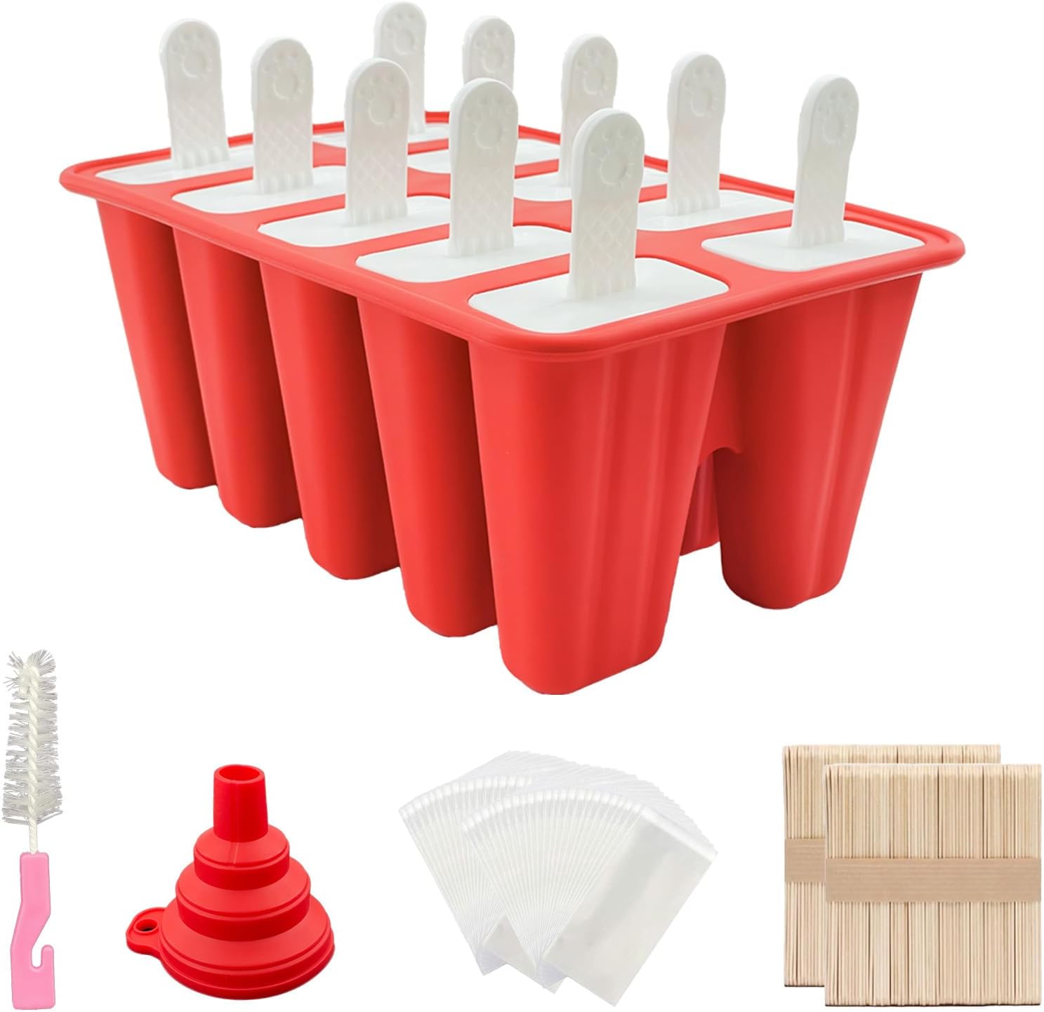 Homemade Popsicle Molds, 10-Cav Non-BPA Silicone Ice Pop Maker, with 100 Sticks, 100 Bags, 10 Reusable Sticks, Funnel, Brush (RED)