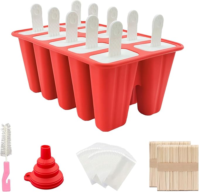 Homemade Popsicle Molds, 10-Cav Non-BPA Silicone Ice Pop Maker, with 100 Sticks, 100 Bags, 10 Reusable Sticks, Funnel, Brush (RED)