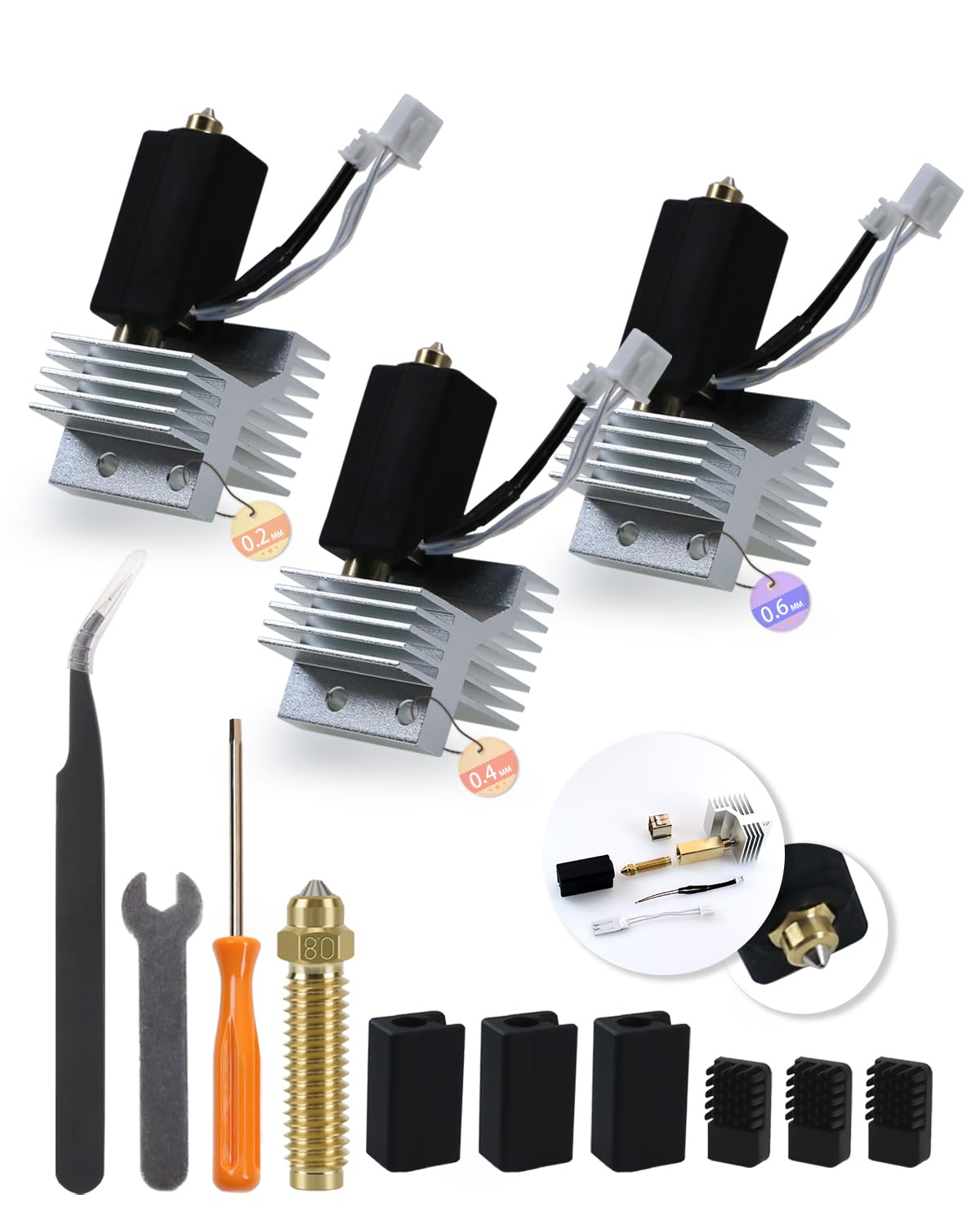 3Pack 0.2+0.4+0.6MM Ceramic Hotend for Elegoo Centauri Carbon, with 0.8MM Bimetallic Hardened Steel Nozzle Brush Silicone Socks and Kit Tools