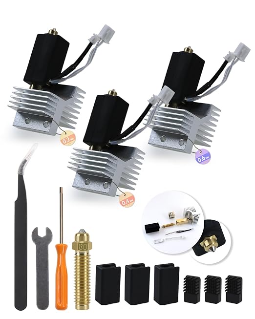 3Pack 0.2+0.4+0.6MM Ceramic Hotend for Elegoo Centauri Carbon, with 0.8MM Bimetallic Hardened Steel Nozzle Brush Silicone Socks and Kit Tools
