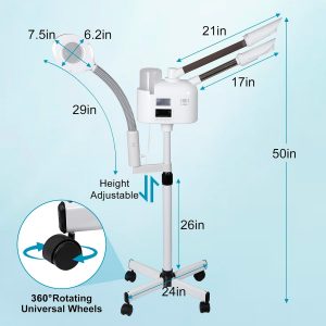 Vaporizador facial profesional 3 en 1 de limpieza profunda con ozono facial con luz de aumento 5X y ruedas giratorias, función de niebla caliente/fría para salón, spa, equipo de belleza para el hogar, color blanco