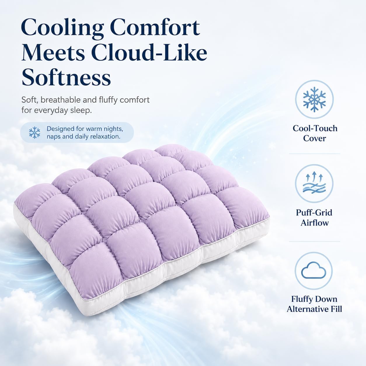 Mellow Puff Pillow for Sleeping - Cloud-Soft Ice-Silk Touch, Fluffy Down Alternative Fill, Breathable Quilted Grid Design, Machine Washable for All Sleepers (Blue)