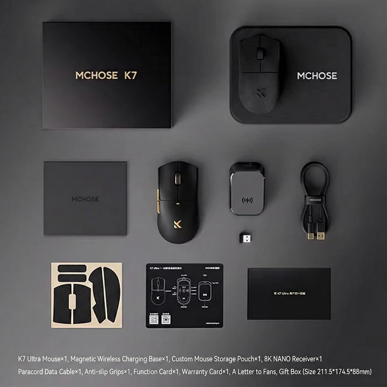 Hyekit MCHOSE K7 Ultra Wireless Esports - Mouse para juegos con base de carga magnética, sensor óptico PAW3950, sondeo dual de 8K, 42K DPI, 2.08 oz ligero, 5 botones programables, batería de 130 horas (negro)