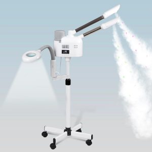 Vaporizador facial profesional 3 en 1 de limpieza profunda con ozono facial con luz de aumento 5X y ruedas giratorias, función de niebla caliente/fría para salón, spa, equipo de belleza para el hogar, color blanco