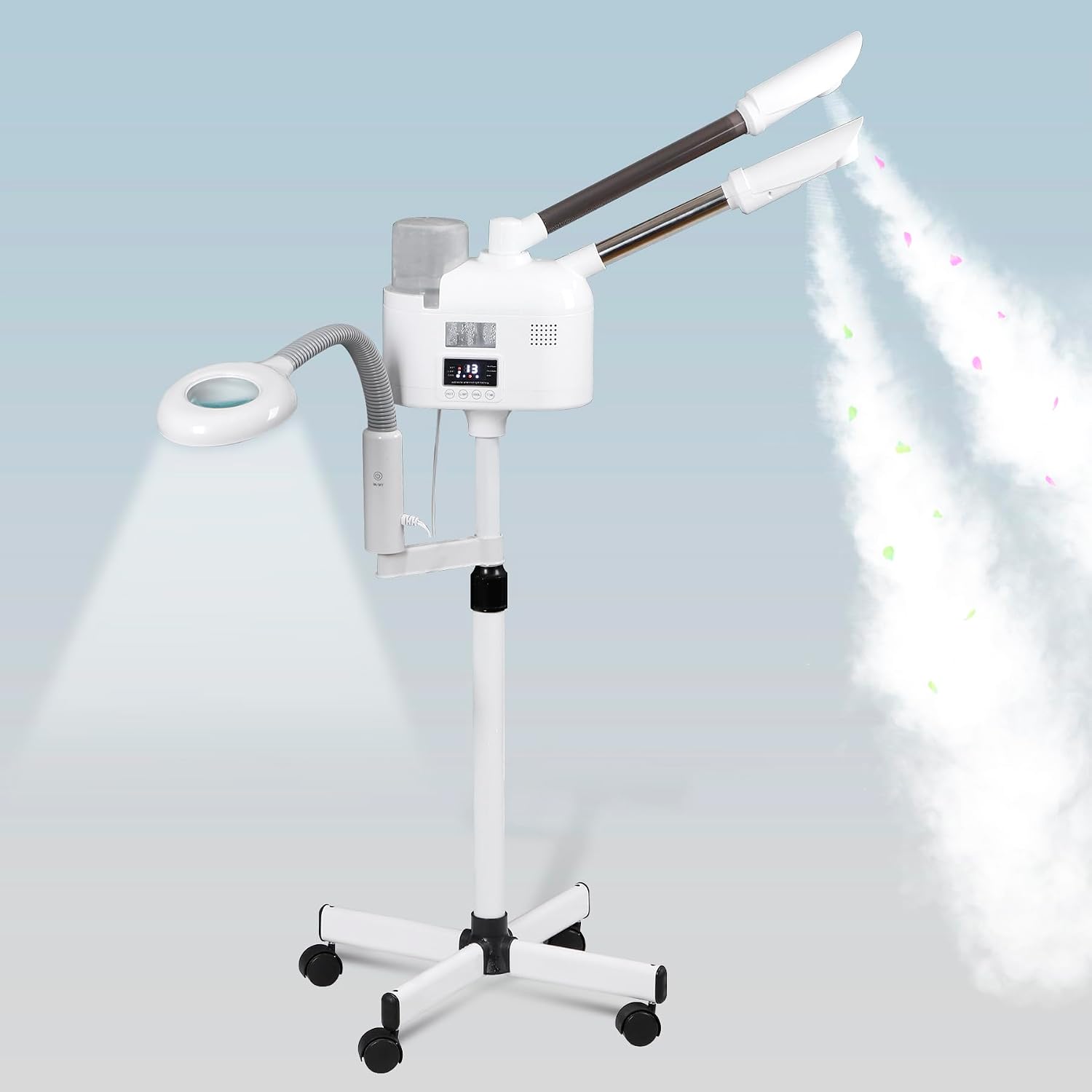 Vaporizador facial profesional 3 en 1 de limpieza profunda con ozono facial con luz de aumento 5X y ruedas giratorias, función de niebla caliente/fría para salón, spa, equipo de belleza para el hogar, color blanco