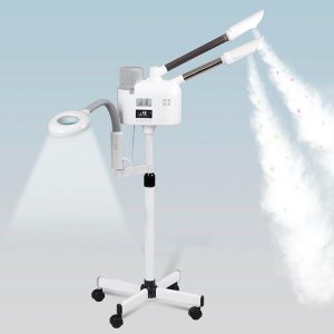 Vaporizador facial profesional 3 en 1 de limpieza profunda con ozono facial con luz de aumento 5X y ruedas giratorias, función de niebla caliente/fría para salón, spa, equipo de belleza para el hogar, color blanco