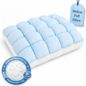 Mellow Puff Pillow for Sleeping - Cloud-Soft Ice-Silk Touch, Fluffy Down Alternative Fill, Breathable Quilted Grid Design, Machine Washable for All Sleepers (Blue)