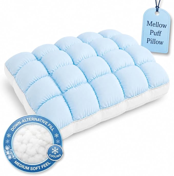 Mellow Puff Pillow for Sleeping - Cloud-Soft Ice-Silk Touch, Fluffy Down Alternative Fill, Breathable Quilted Grid Design, Machine Washable for All Sleepers (Blue)