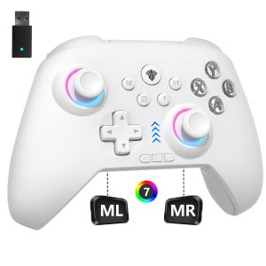 YUYIU RGB 2.4G Wireless PC/Switch Controller with Turbo/Programming Keys/Hall Joysticks/Hall Triggers/Vibrations, Gamepad Work for Windows PC, Android, Switch, Steam, Android TV/Mobile, iOS, MAC &Tesla (White)