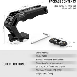 NEEWER Top Handle and NATO Rail Kit, Comfort Silicone Grip with Quick Release NATO Clamp, 3 Cold Shoes and 1/4" 3/8" ARRI Threads, Compatible with SmallRig Camera Cage Video Rig, CA008