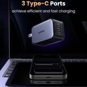 UGREEN Nexode 65W GaN Cargador de Pared USB C, Adaptador de Energía Rápida de 3 Puertos Tipo-C Compatible con iPhone Serie 17/16/15, Galaxy S25/S24, Pixel 10/9, MacBook Pro/Air, iPad Pro/Air, Steam