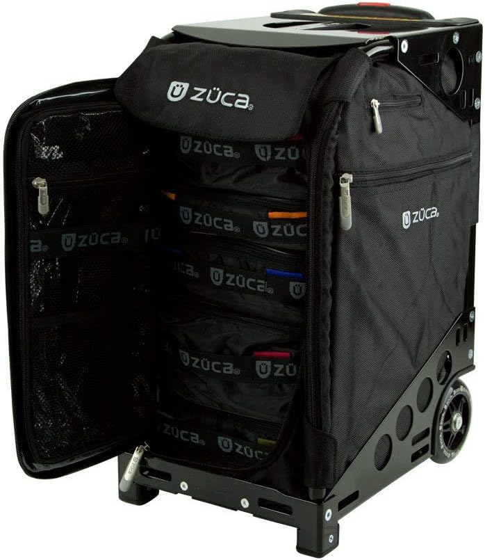 ZUCA Pro Carry On Luggage with Wheels - Black Bag and Black Frame, with 5 Packing Pouches, Travel Cover, and Built-In Seat