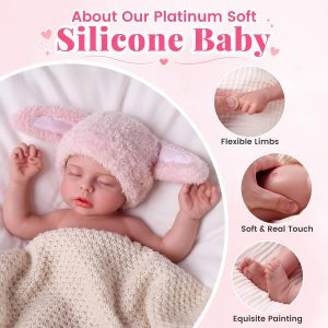 BABESIDE Lucy 16 Inch Silicone Baby Doll, Weight 4.9 Lb Reborn Baby Dolls Silicone Full Body, Realistic Sleeping Newborn Lifelike Baby Doll in Pink Bunny Outfit, Gift for Girls Ages 3+