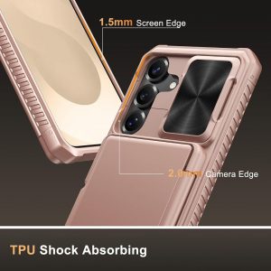 Vihibii for Samsung Galaxy S25 Case with Card Holder (4 Cards), [RFID Blocking] & Slide Camera Cover, Military Grade Drop Protection, Rugged Wallet Case for Samsung Galaxy S25 6.2" 5g 2025, Rose Gold