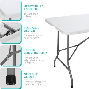 SUPER DEAL 6FT Folding Table for Indoor Outdoor, Portable Heavy Duty Fold-in-Half Plastic Dining Picnic Party Camping Table with Carrying Handle