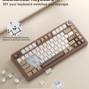 AULA F75 75% Wireless Mechanical Keyboard, Hot Swappable Creamy Keyboard, Pre-lubed Linear Switches, 2.4GHz/Type-C/BT5.0, RGB Backlit Gaming Keyboards(White&Brown)