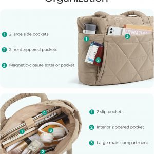 Bolso de hombro acolchado grande para mujer BAGSMART, bolso tipo puff con cremallera, con compartimentos para viajes, trabajo, gimnasio