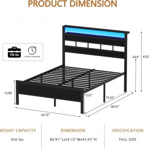 Furnulem Base de cama de tamaño matrimonial con luz LED y estación de carga, cabecera de almacenamiento de madera con estantes de 2 niveles, cama de plataforma de metal con soporte de listones resistentes, no necesita somier, roble negro