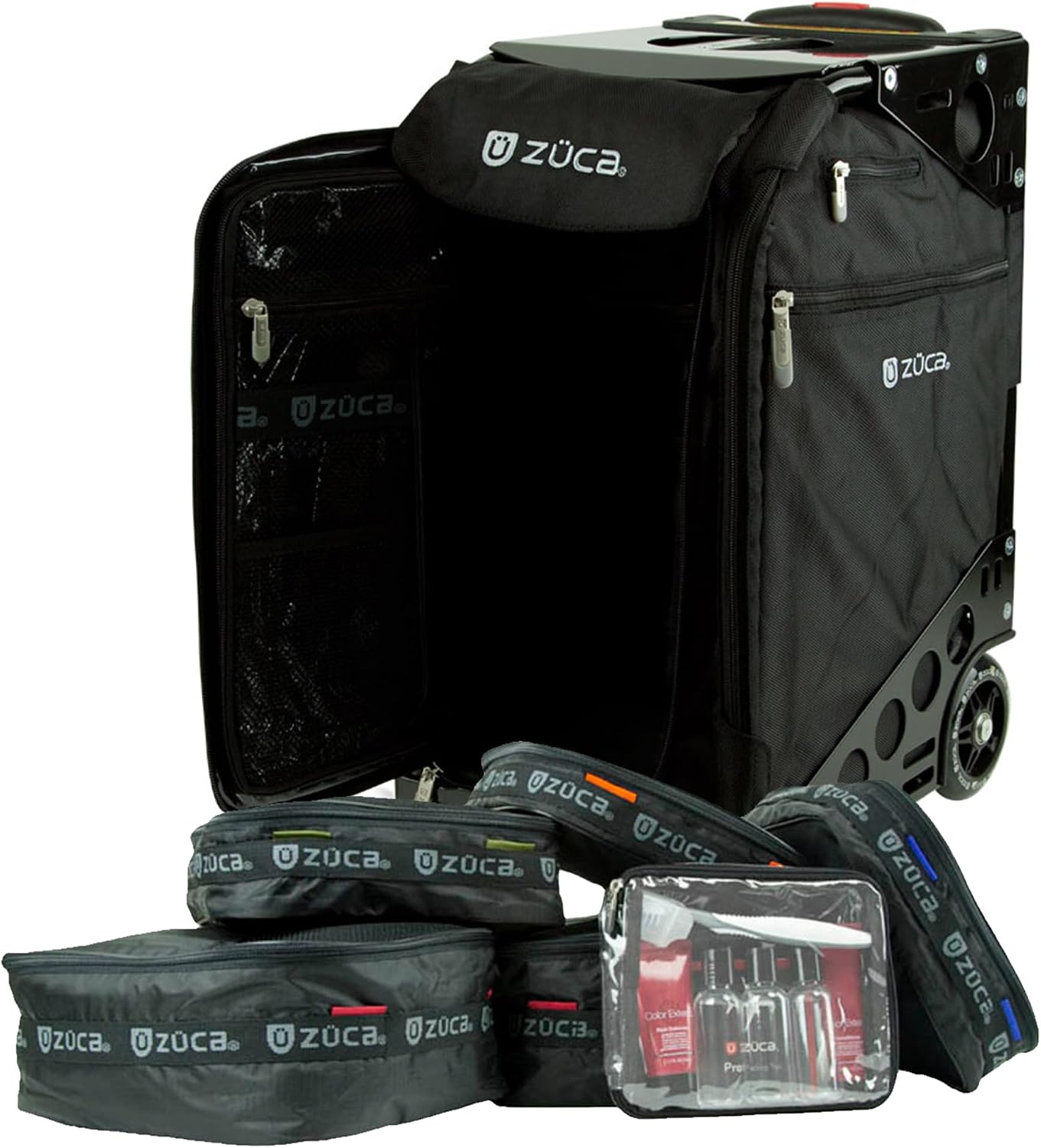 ZUCA Pro Carry On Luggage with Wheels - Black Bag and Black Frame, with 5 Packing Pouches, Travel Cover, and Built-In Seat