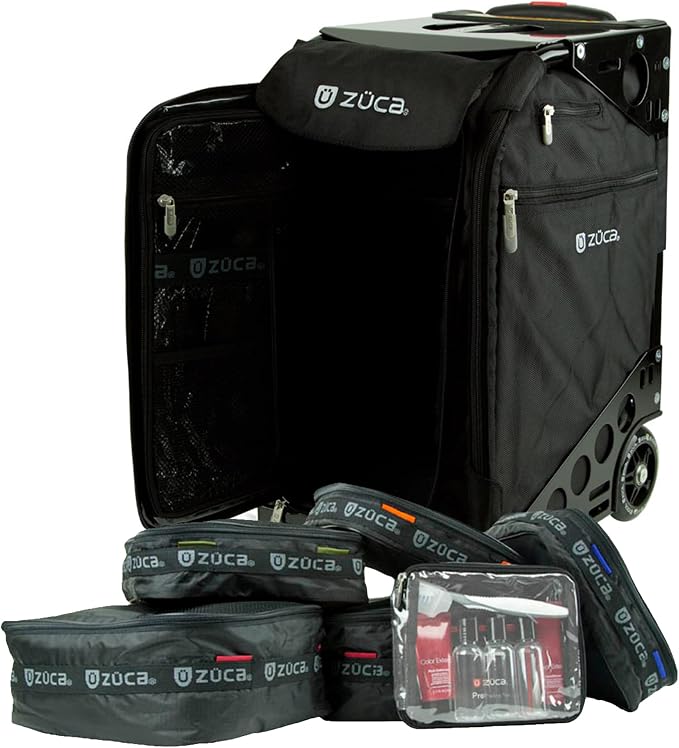 ZUCA Pro Carry On Luggage with Wheels - Black Bag and Black Frame, with 5 Packing Pouches, Travel Cover, and Built-In Seat