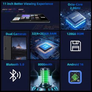COLORROOM 2026 Android16 Tablet 11inch, Face Unlock, 18W Fast Charge,Black | 32GB+128GB+1TB Expand, Octa-core CPU, 8000mAh Large Battery, WiFi6, Touchscreen Display, Widevine L1 Tableta