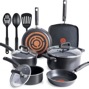 T-fal Signature - Juego de utensilios de cocina antiadherentes de 12 piezas, apto para horno y parrilla hasta 350°F, ollas y sartenes, juego de cocina con sartenes, cacerolas, sartén para saltear