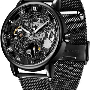 Reloj Mecánico de Esqueleto con Números Romanos y Correa de Malla para Hombre, Reloj Mecánico de Cuerda Manual con Malla Luminosa e Impermeable para Hombre