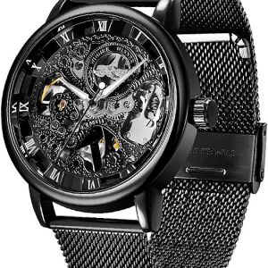 Reloj Mecánico de Esqueleto con Números Romanos y Correa de Malla para Hombre, Reloj Mecánico de Cuerda Manual con Malla Luminosa e Impermeable para Hombre
