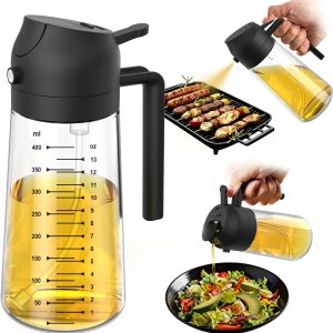 TrendPlain - Pulverizador de aceite de oliva de vidrio de 16oz/470ml para cocinar – Botella dispensadora de aceite de oliva 2 en 1 para accesorios de cocina y freidora de aire, ensalada, parrilla