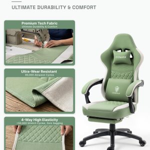 Dowinx Gaming Chair Breathable Fabric Game Chair with Gel Pad and Storage Bag, Comfortable Gamer Chair with Pocket Spring Cushion, Ergonomic Computer Chair with Footrest, Green