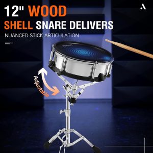 AKLOT Juego de batería eléctrica de estilo acústico: bombo de madera independiente de 16 pulgadas y caja de 12 pulgadas, platillo de paseo de triple zona, Hi-Hat independiente, almohadillas de malla completa, 460 sonidos, USB MIDI, trono, palos (B-CORE543)