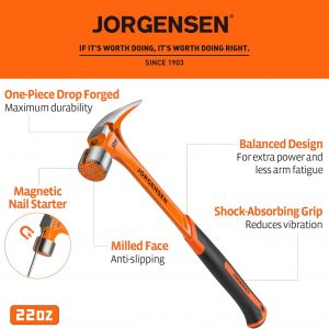 Jorgensen Martillo de 22 onzas, martillo de garra recta con soporte magnético para uñas, martillo de garra con cara fresada, extractor de uñas lateral, agarre absorbente de golpes, martillo forjado de una pieza resistente