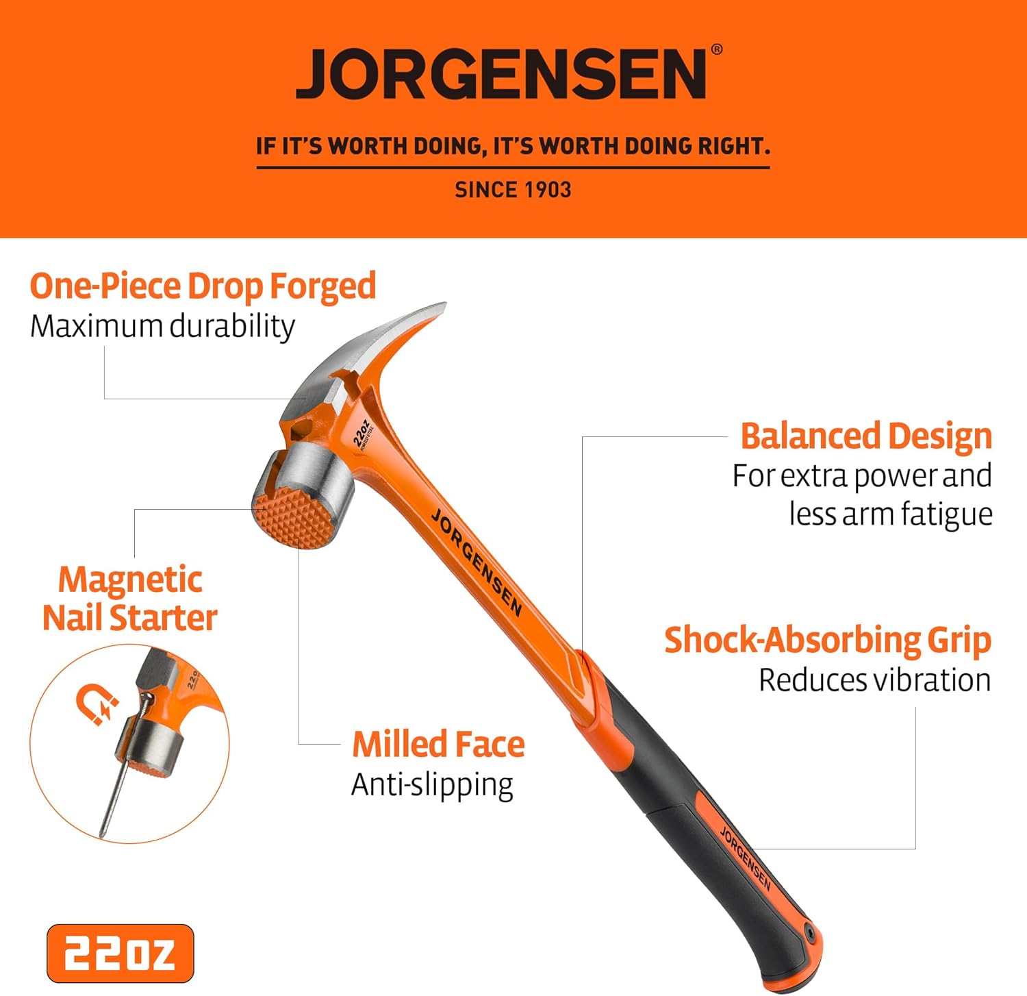 Jorgensen Martillo de 22 onzas, martillo de garra recta con soporte magnético para uñas, martillo de garra con cara fresada, extractor de uñas lateral, agarre absorbente de golpes, martillo forjado de una pieza resistente