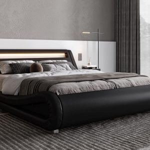 Allewie King Size LED Platform Bed Frame with Adjustable Headboard, Black | Low Profile Sleigh Design, Upholstered Faux Leather, Strong Wood Slats Support, Modern, No Box Spring Needed, Easy Assembly