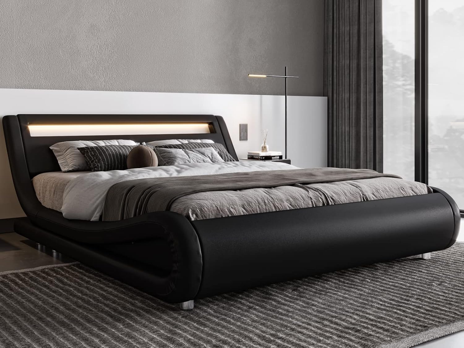 Allewie King Size LED Platform Bed Frame with Adjustable Headboard, Black | Low Profile Sleigh Design, Upholstered Faux Leather, Strong Wood Slats Support, Modern, No Box Spring Needed, Easy Assembly