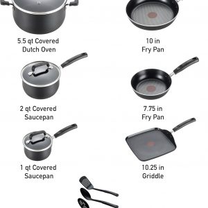 T-fal Signature - Juego de utensilios de cocina antiadherentes de 12 piezas, apto para horno y parrilla hasta 350°F, ollas y sartenes, juego de cocina con sartenes, cacerolas, sartén para saltear