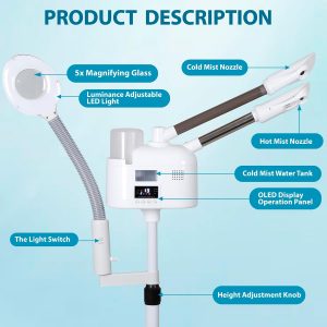 Vaporizador facial profesional 3 en 1 de limpieza profunda con ozono facial con luz de aumento 5X y ruedas giratorias, función de niebla caliente/fría para salón, spa, equipo de belleza para el hogar, color blanco