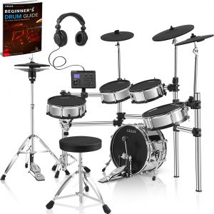 AKLOT Juego de batería eléctrica de estilo acústico: bombo de madera independiente de 16 pulgadas y caja de 12 pulgadas, platillo de paseo de triple zona, Hi-Hat independiente, almohadillas de malla completa, 460 sonidos, USB MIDI, trono, palos (B-CORE543)