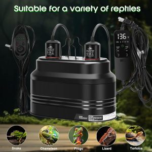 MECESOR Lámpara de doble reptil, lámpara de calor de reptil doble con control de termostato independiente y función de atenuación de temporizador, reflector de cúpula para dragón barbudo, terrario de