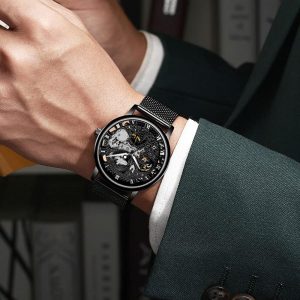 Reloj Mecánico de Esqueleto con Números Romanos y Correa de Malla para Hombre, Reloj Mecánico de Cuerda Manual con Malla Luminosa e Impermeable para Hombre