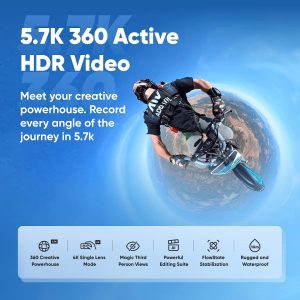 Insta360 Paquete de motocicleta X3: cámara impermeable 360 con sensores de 1/2 pulgada de 48 MP, video HDR activo 5.7K 360, foto 360 de 72 MP, lente única 4K, modo Me de 60 fps, estabilización