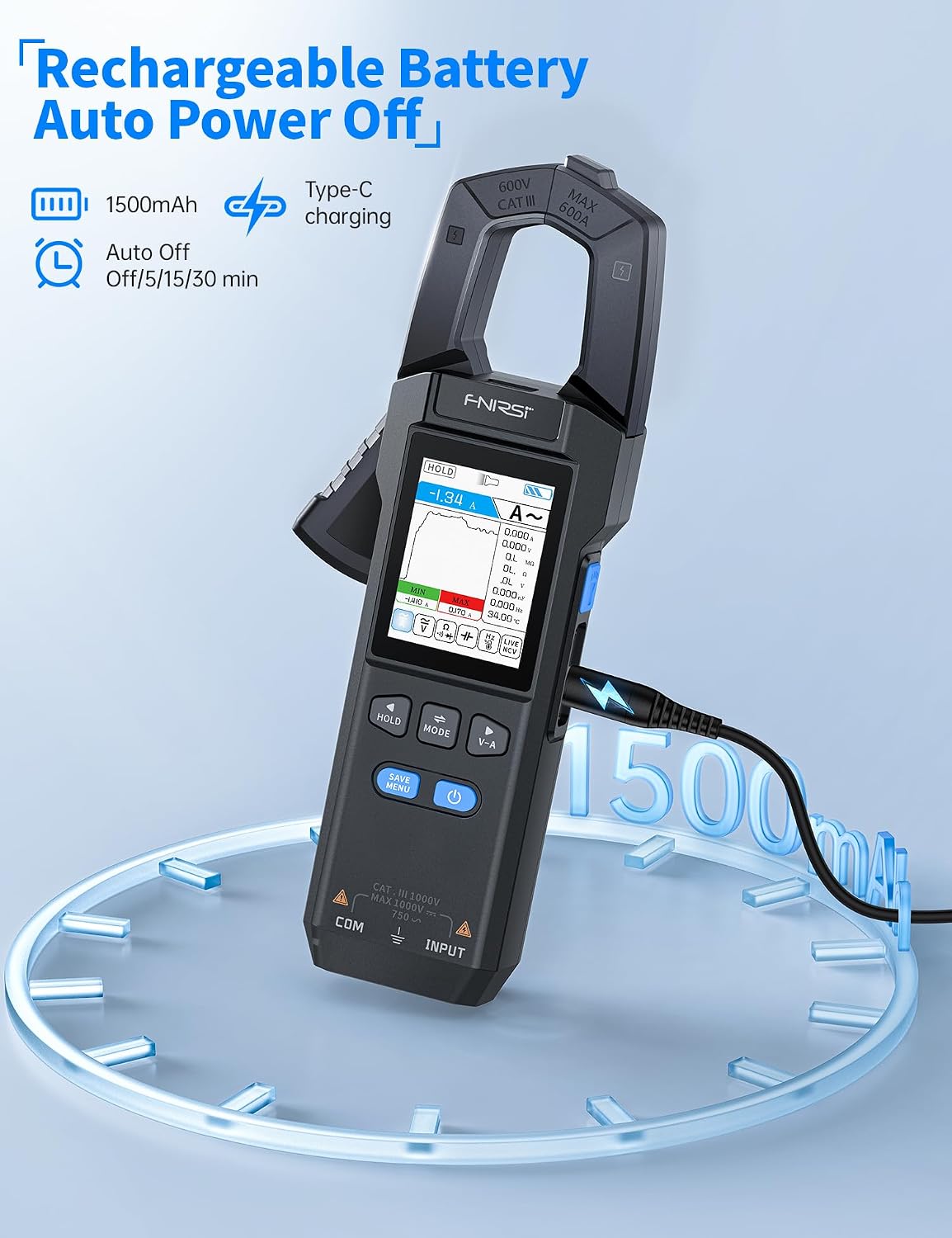 FNIRSI DMC-100 Multímetro de Pinza Digital de 9999 Contajes TRMS, Medidor de Amperaje Recargable con Registro de Curva de 600A, Mide NCV, Voltaje y Corriente AC/DC, Continuidad, Capacitancia, Diodo