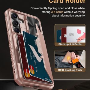 Vihibii for Samsung Galaxy S25 Case with Card Holder (4 Cards), [RFID Blocking] & Slide Camera Cover, Military Grade Drop Protection, Rugged Wallet Case for Samsung Galaxy S25 6.2" 5g 2025, Rose Gold