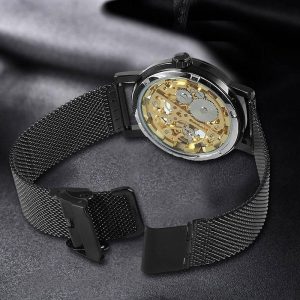 Reloj Mecánico de Esqueleto con Números Romanos y Correa de Malla para Hombre, Reloj Mecánico de Cuerda Manual con Malla Luminosa e Impermeable para Hombre
