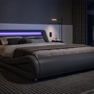 Allewie King Size LED Platform Bed Frame with Adjustable Headboard, Grey | Low Profile Sleigh Design, Upholstered Faux Leather, Strong Wood Slats Support, Modern, No Box Spring Needed, Easy Assembly