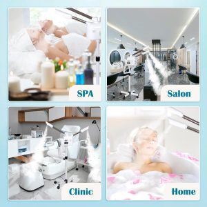Vaporizador facial profesional 3 en 1 de limpieza profunda con ozono facial con luz de aumento 5X y ruedas giratorias, función de niebla caliente/fría para salón, spa, equipo de belleza para el hogar, color blanco