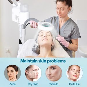 Vaporizador facial profesional 3 en 1 de limpieza profunda con ozono facial con luz de aumento 5X y ruedas giratorias, función de niebla caliente/fría para salón, spa, equipo de belleza para el hogar, color blanco
